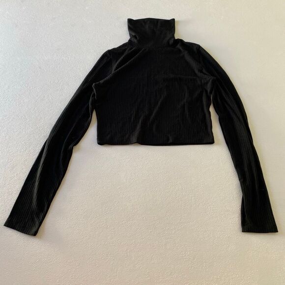 Madewell Black Ribbed Mock Neck Long Sleeve Crop Top Women’s M - Picture 1 of 6